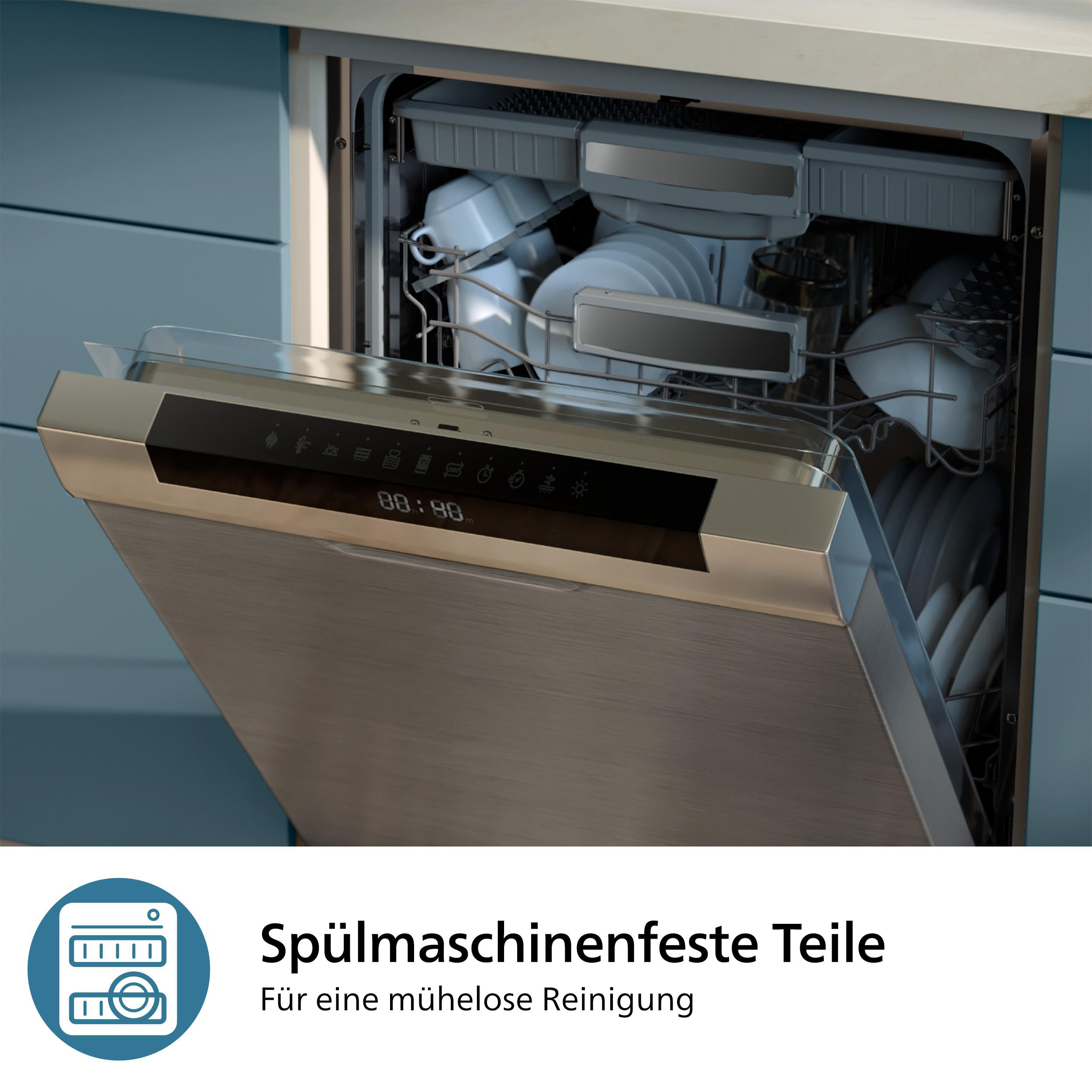 Ein Geschirrspüler mit geöffneter Tür. Im Inneren befinden sich weiße Geschirrteile. Ein Bildschirm zeigt einen Timer.