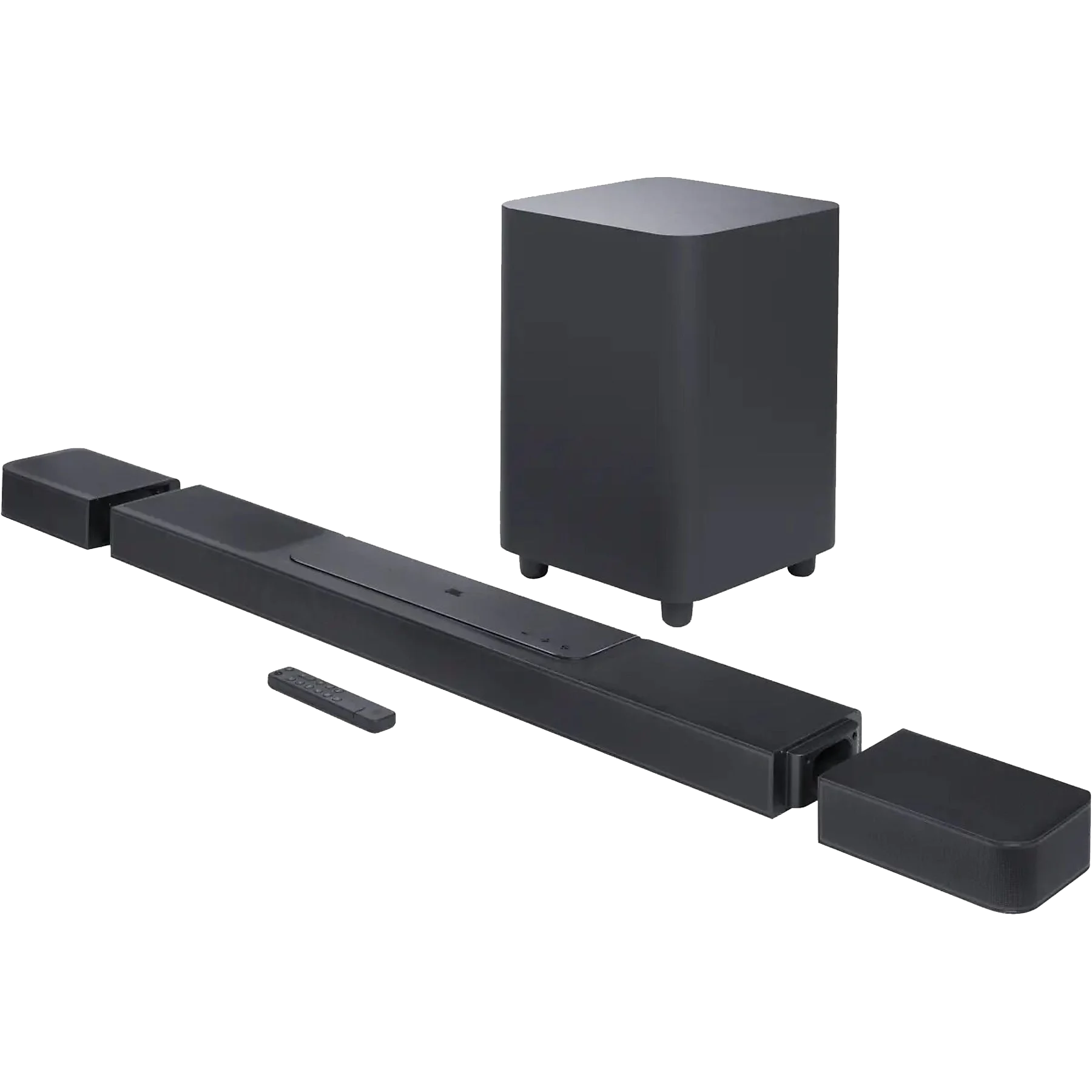 Czarny system soundbar JBL z subwooferem i pilotem, na jasnym tle.