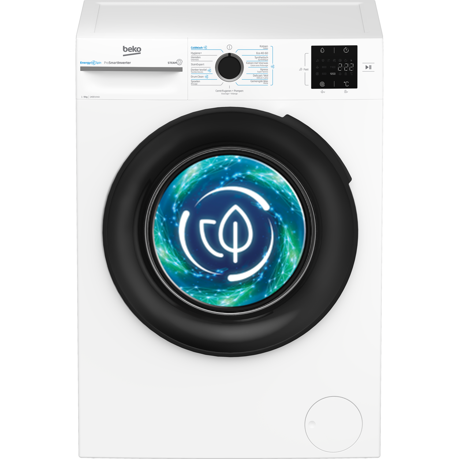 Een witte Beko wasmachine met een zwarte deur en een blauw blad.