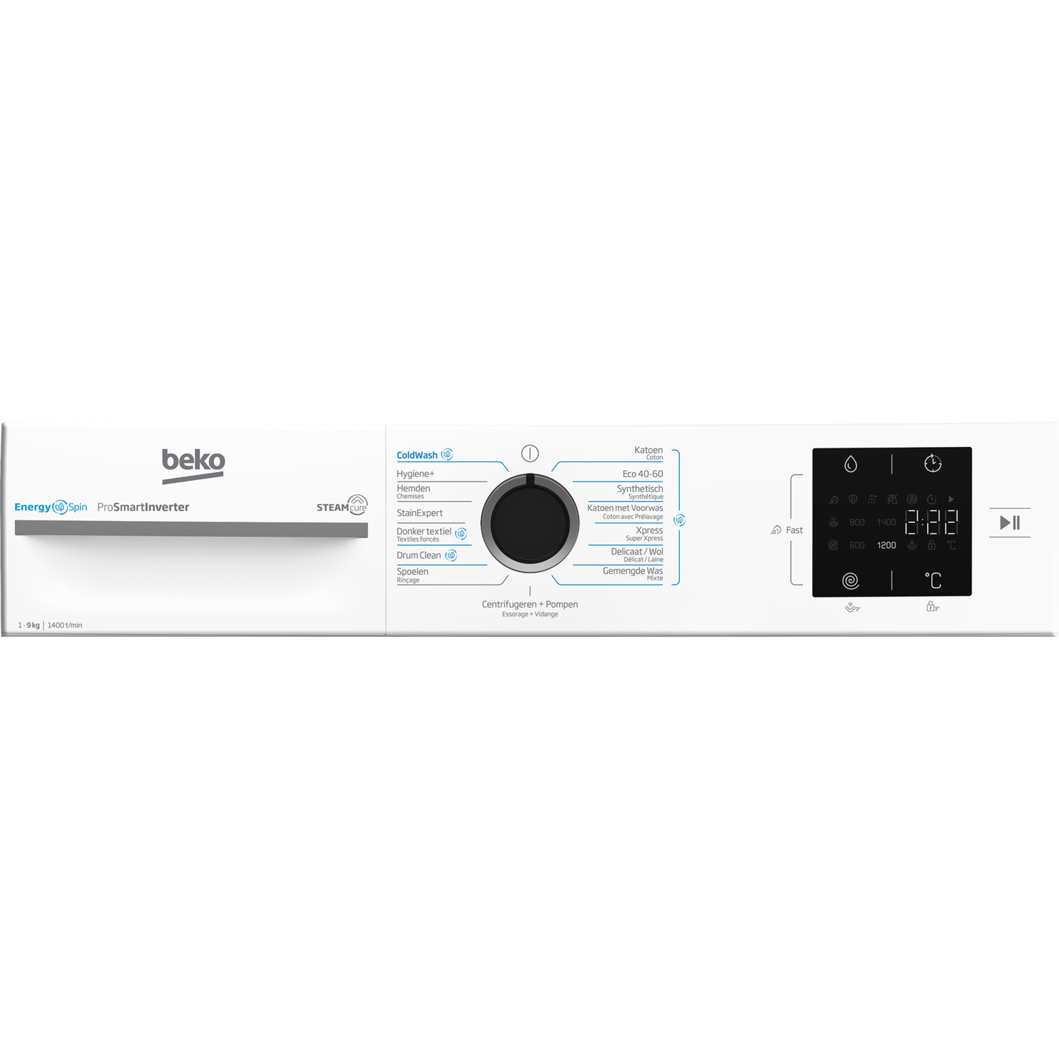 Bedieningspaneel wasmachine. Wit met zwarte draaiknop en knoppen. Toont tijd en instellingen.