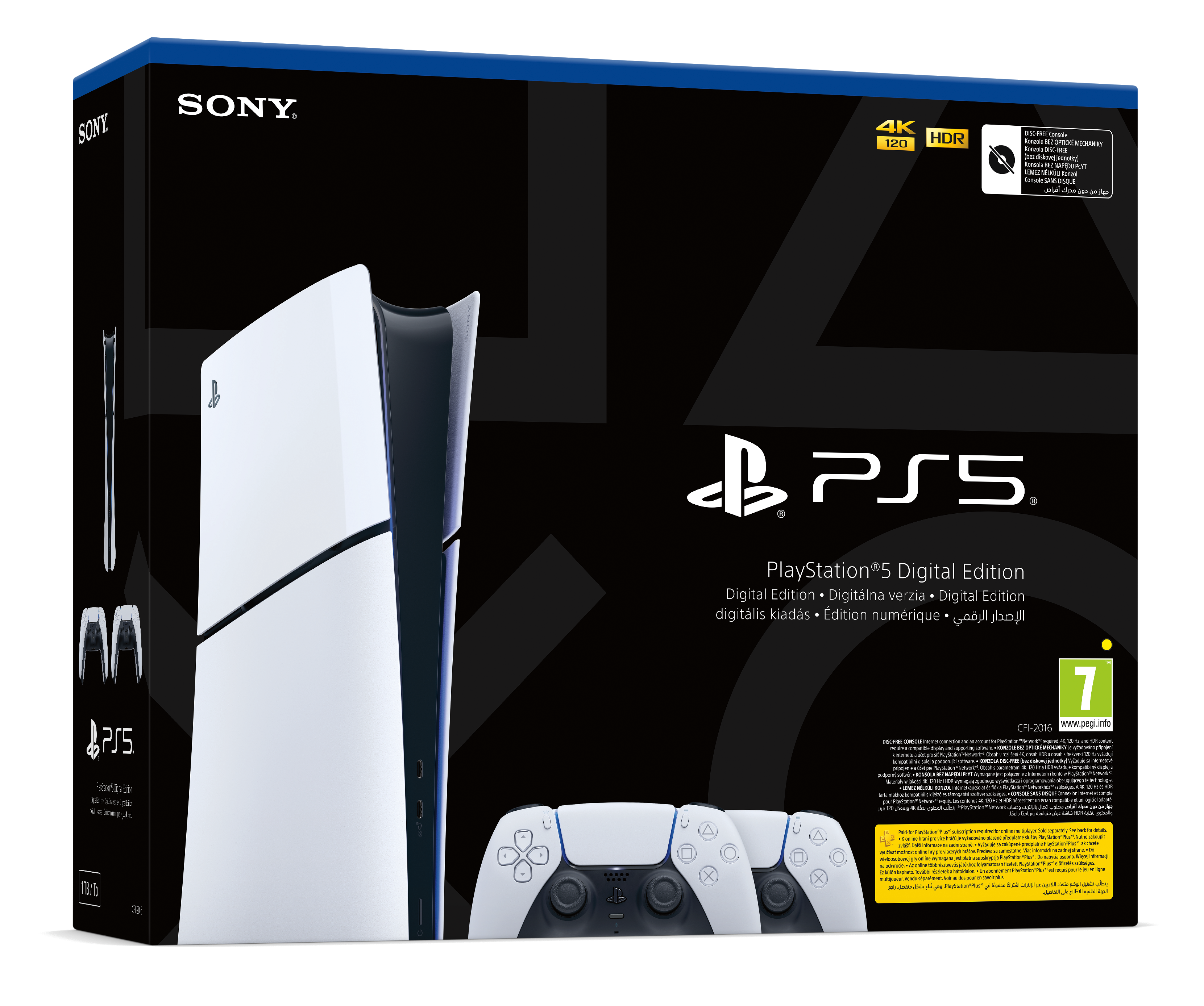 Zestaw pudełkowy PlayStation 5. Jest biało-czarny, z konsolą, kontrolerami i szczegółami gry.