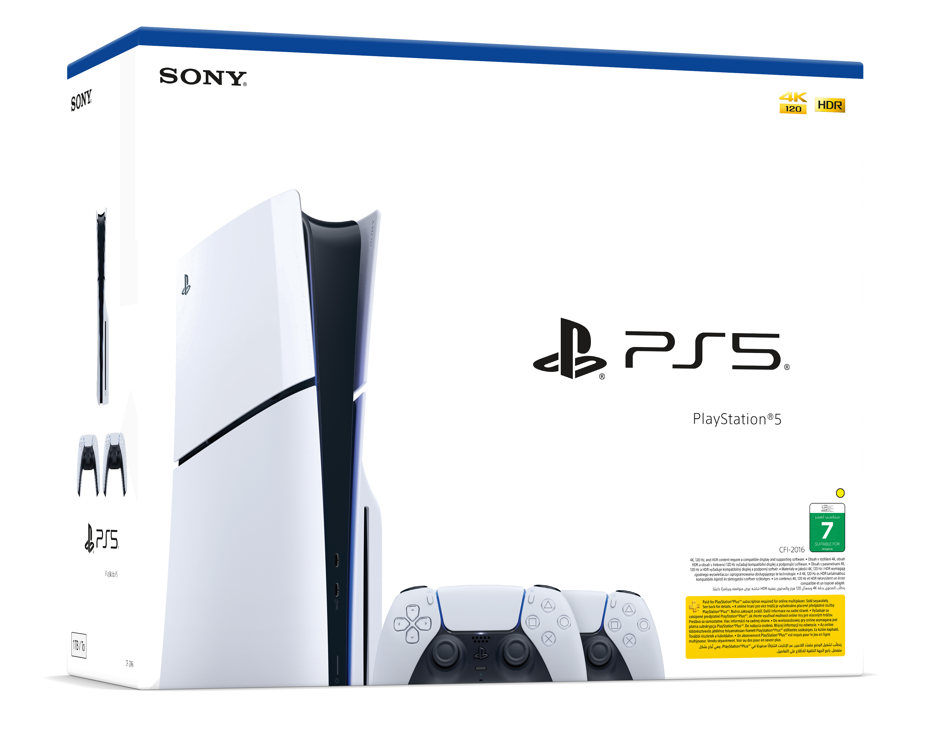 Pudełko PlayStation 5, biała konsola, kontrolery. Czarne pudełko z białym tekstem. Czarne tło.