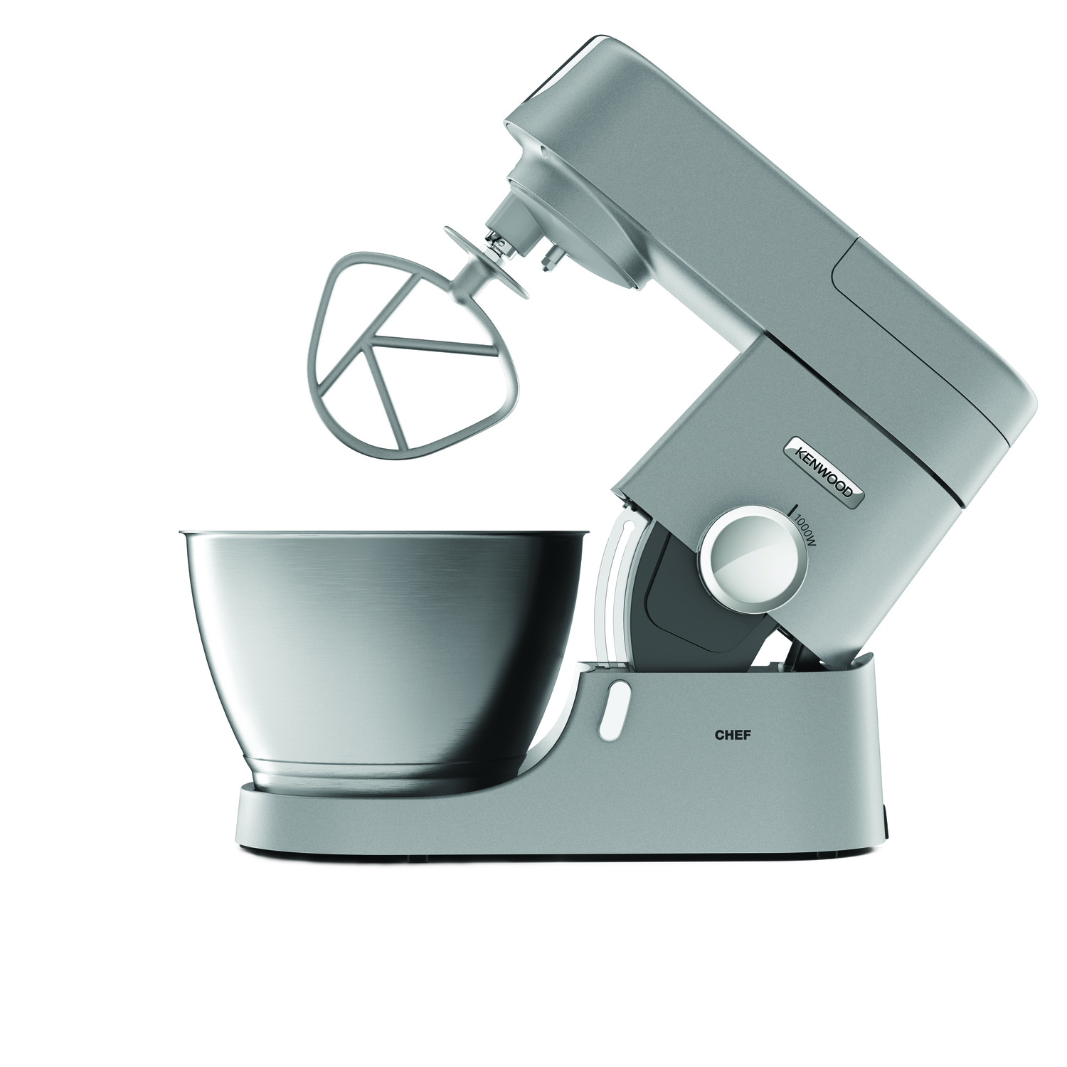 Silver Kenwood Chef food mixer, tilted, on a white background.