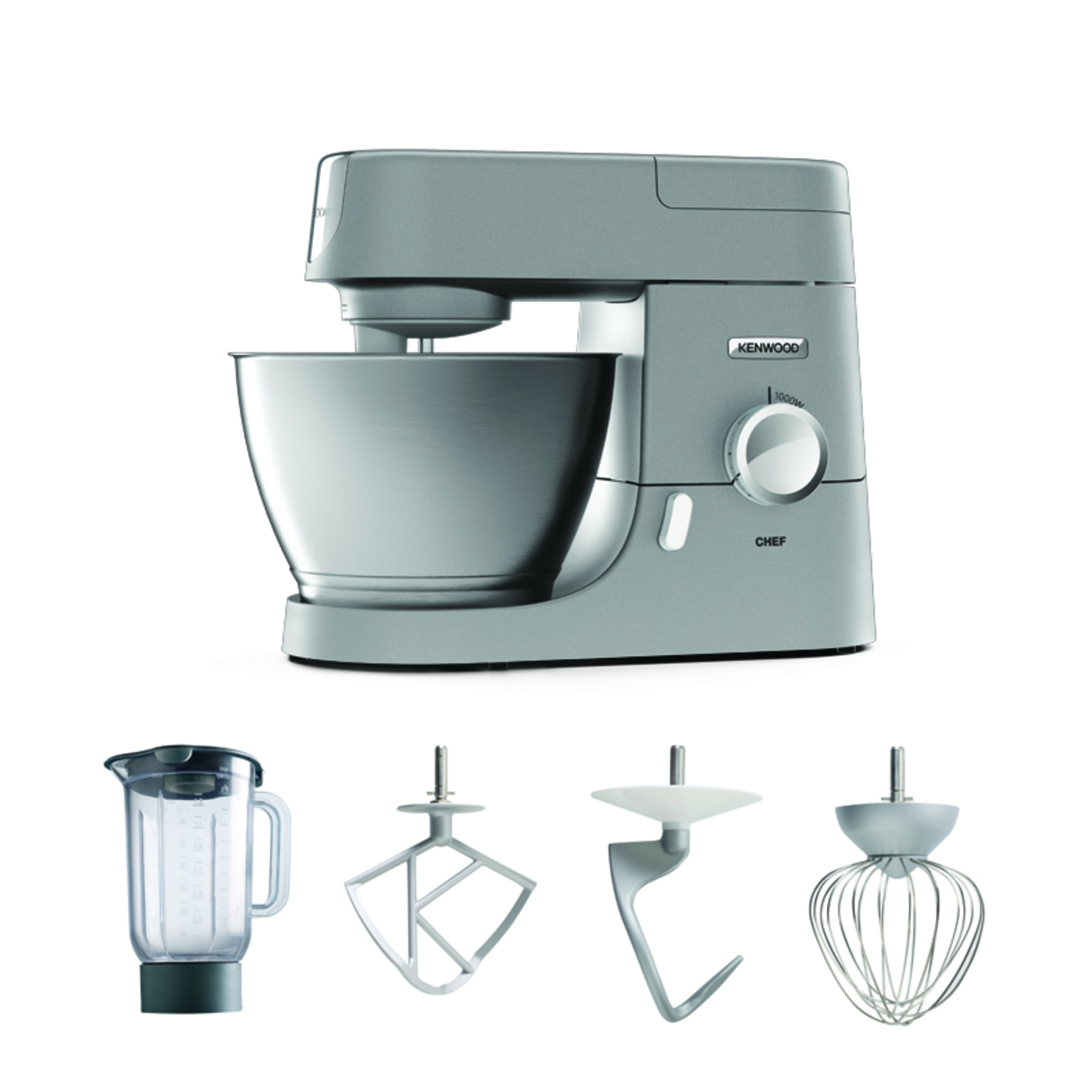 A silver Kenwood Chef kitchen mixer with attachments: blender, dough hook, beater, whisk. White background.