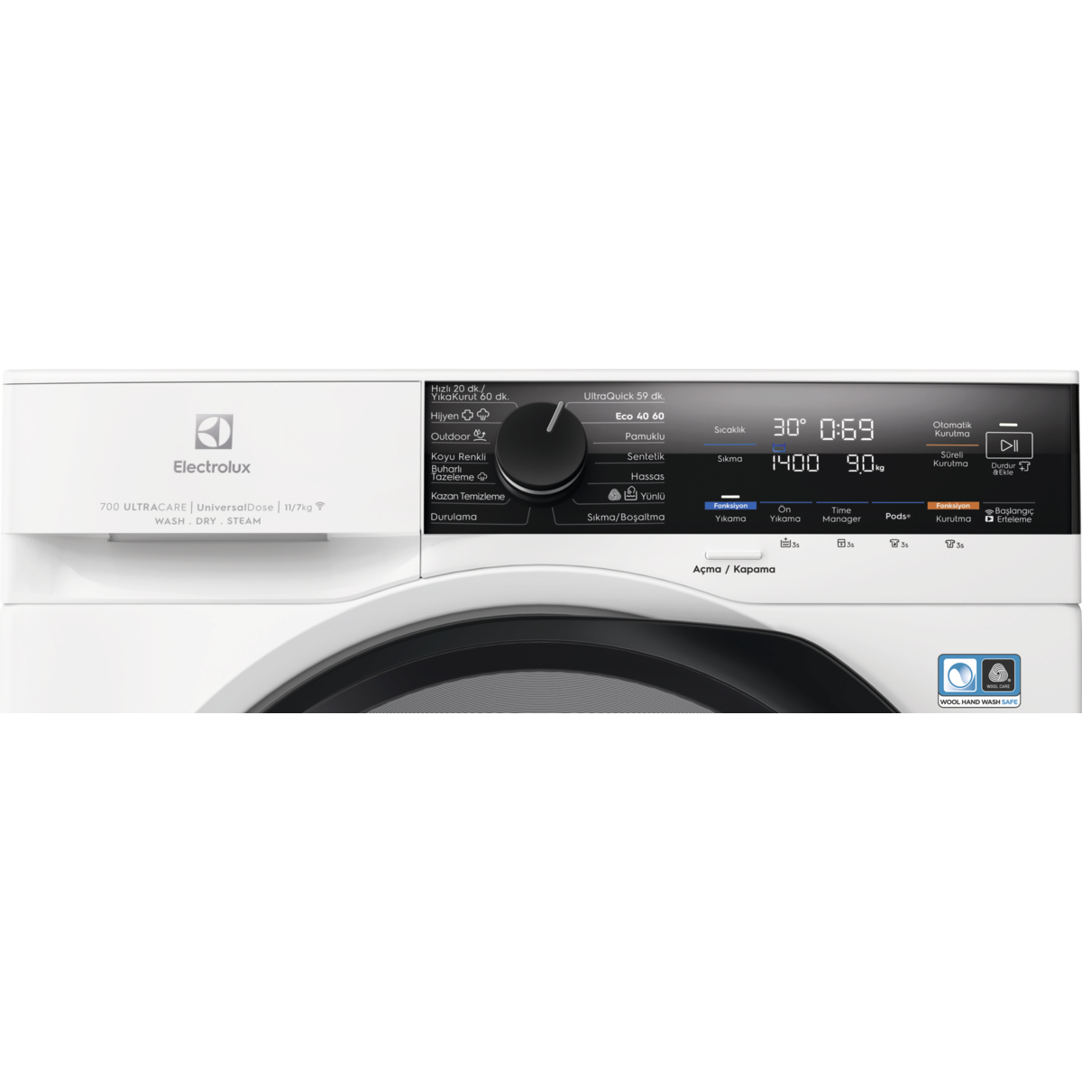 Beyaz Electrolux çamaşır makinesi kontrol paneli, siyah düğme.
