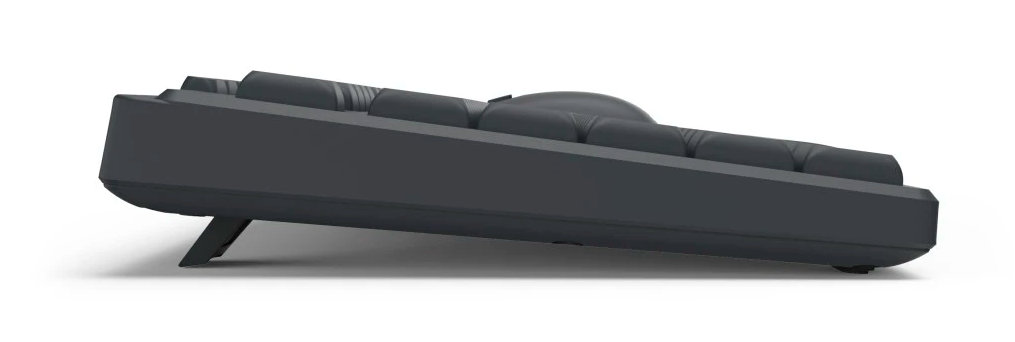 Widok z boku ciemnoszarej klawiatury o podwyższonej, kątowej konstrukcji, na białym tle.