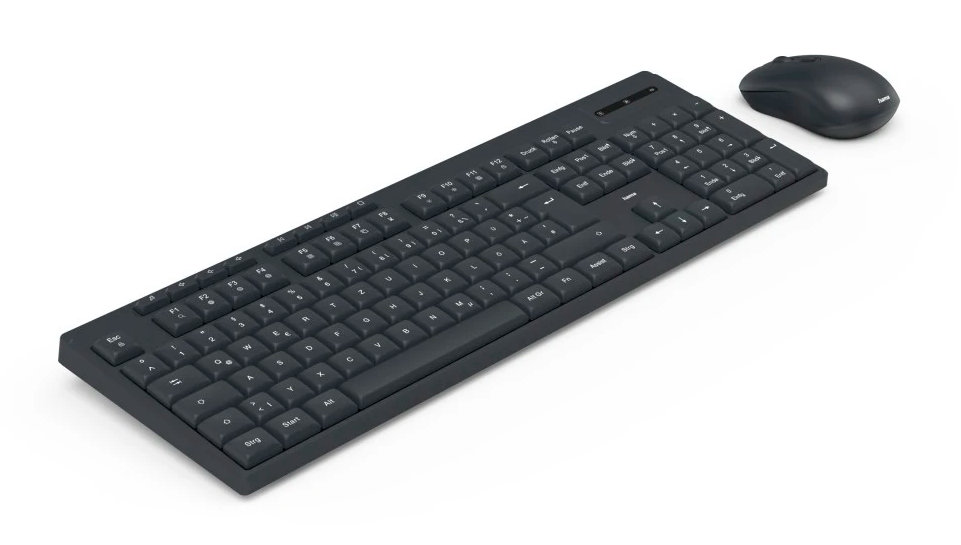 Czarny zestaw klawiatura i mysz na białym tle. Klawiatura jest pełnowymiarowa.