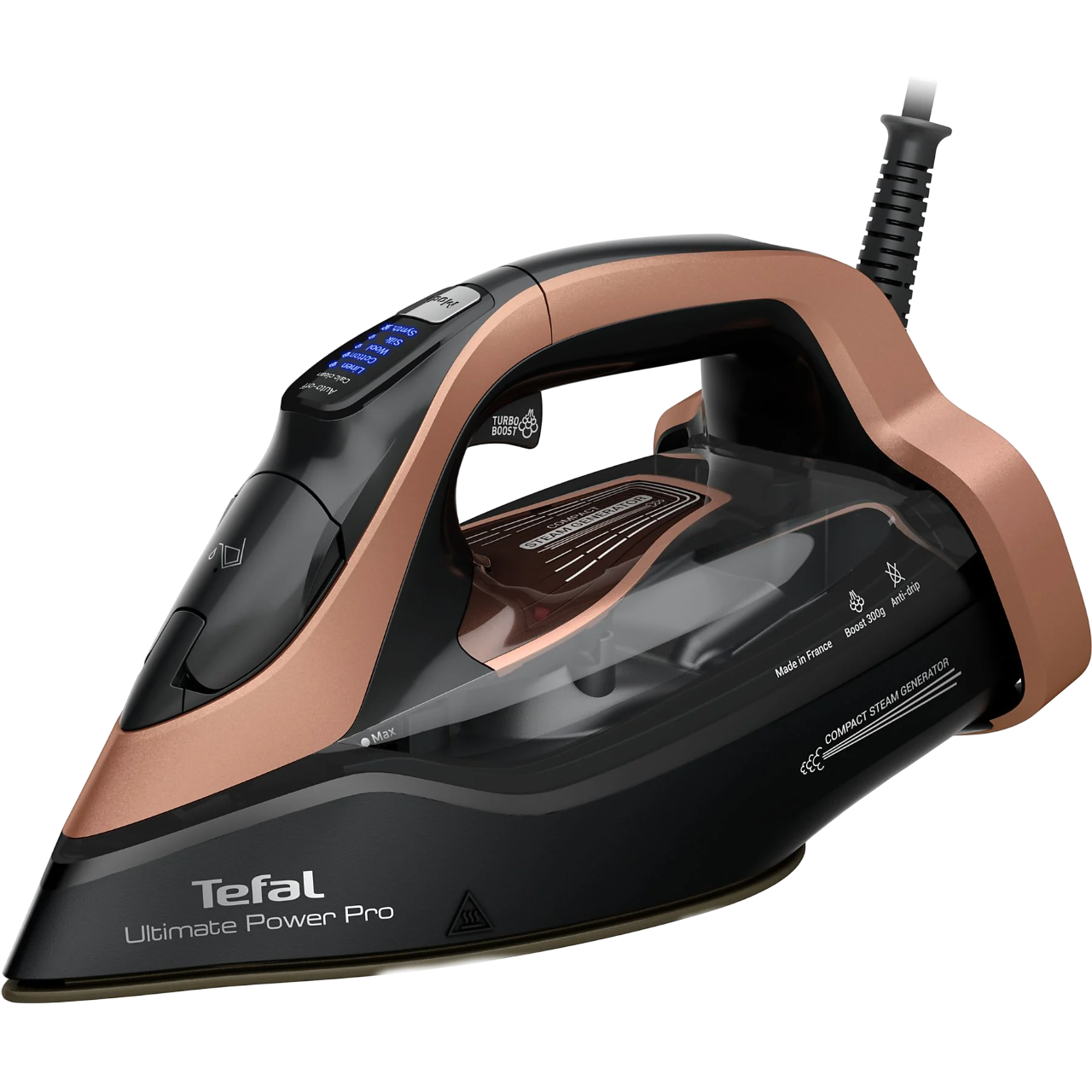 Siyah ve bronz ütü. Düğmeler, bir su deposu ve Tefal logosu bulunur.