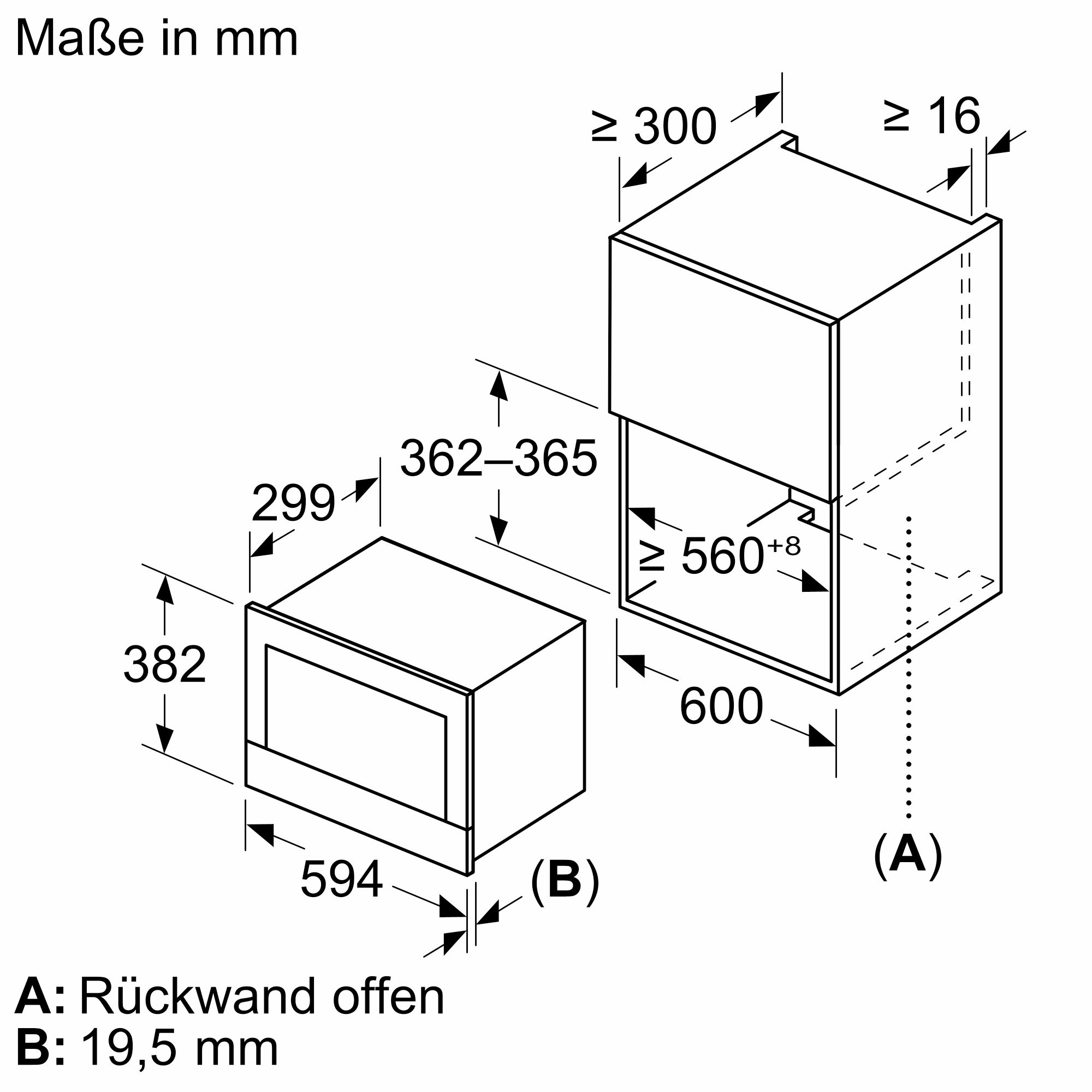 Diagramm eines Einbauofens mit Abmessungen in mm. Weißer Hintergrund.