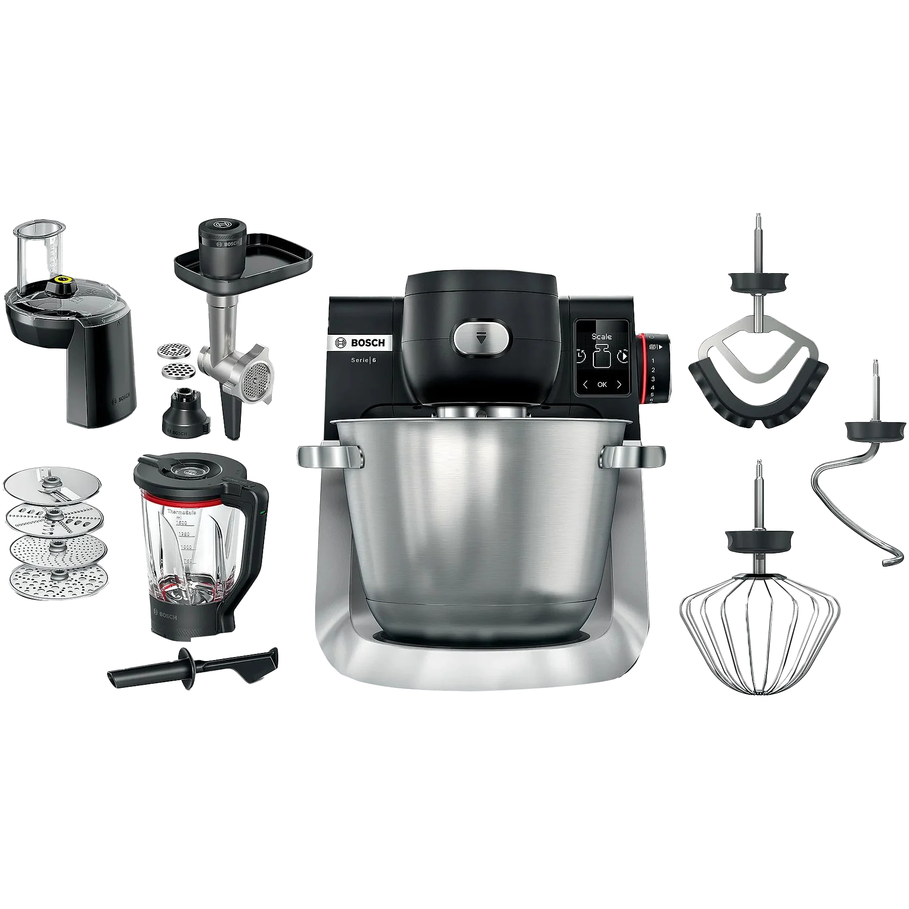 Robot kuchenny Bosch z różnymi nasadkami, w tym blenderem i maszynką do mięsa.