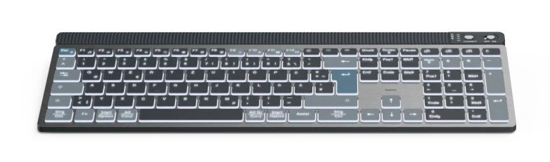 Szara i srebrna klawiatura komputera na białym tle, widok z góry.