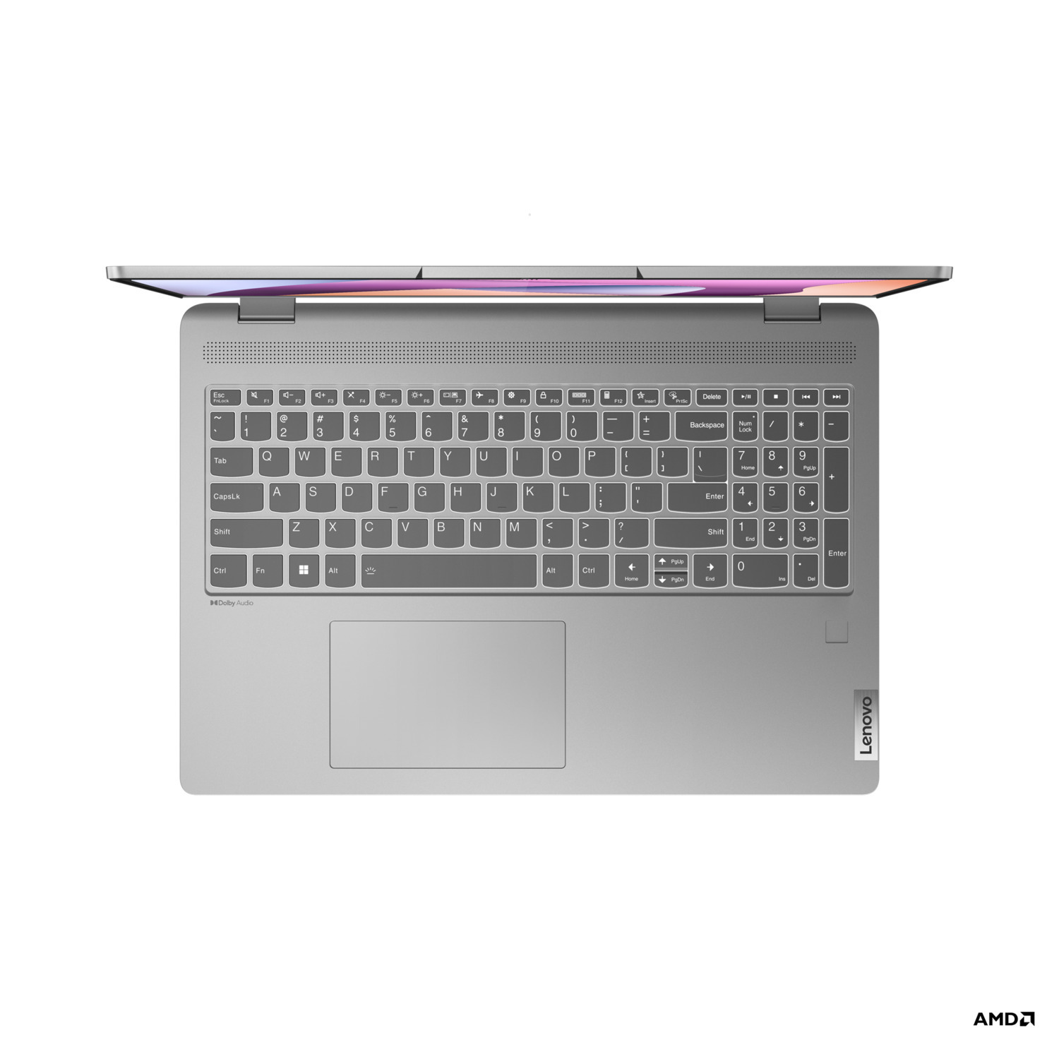 Vue de dessus d'un ordinateur portable. Clavier argenté, touches noires, lettres blanches, corps gris, écran ouvert, fond blanc.