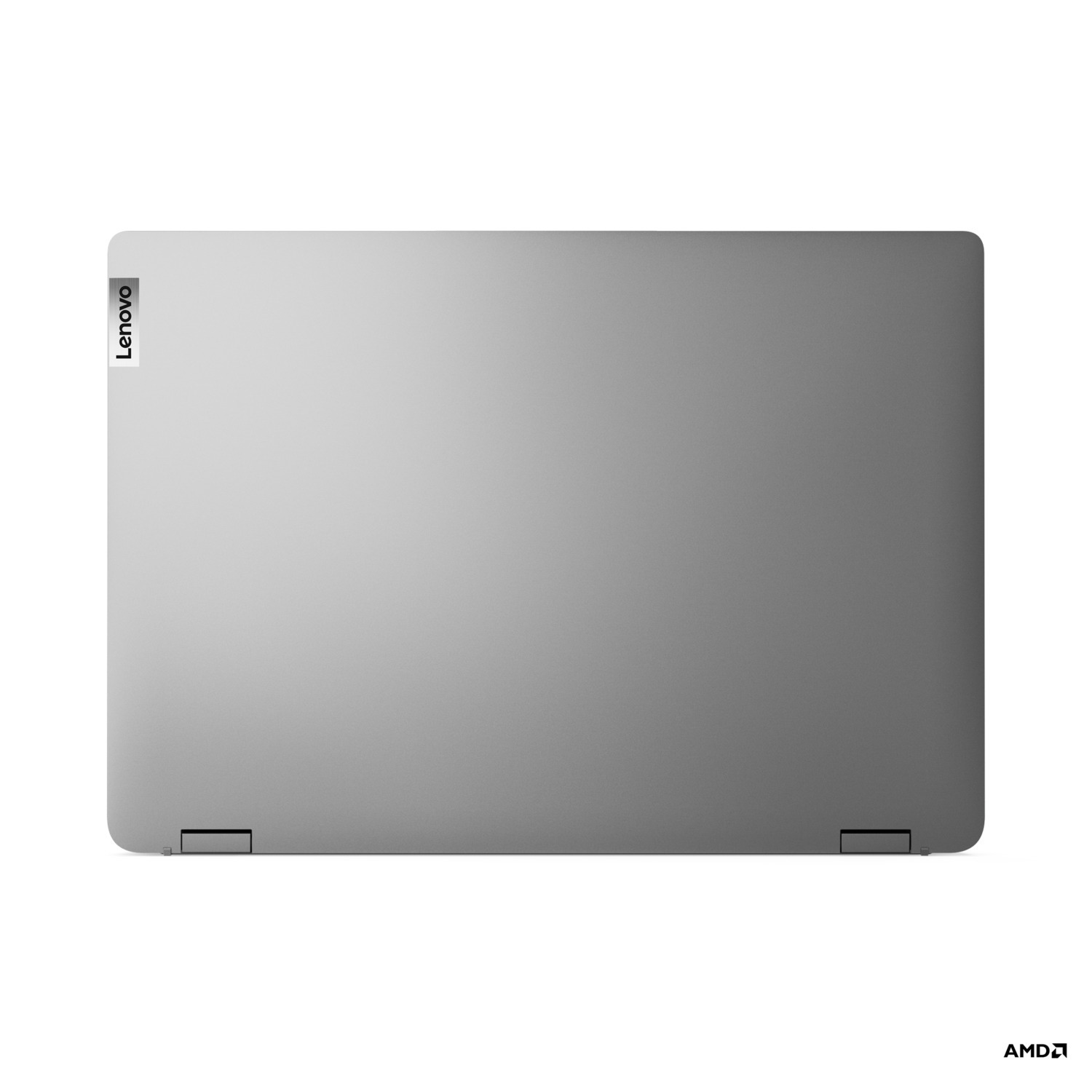 Vue de dessus d'un ordinateur portable Lenovo argenté fermé sur fond blanc.