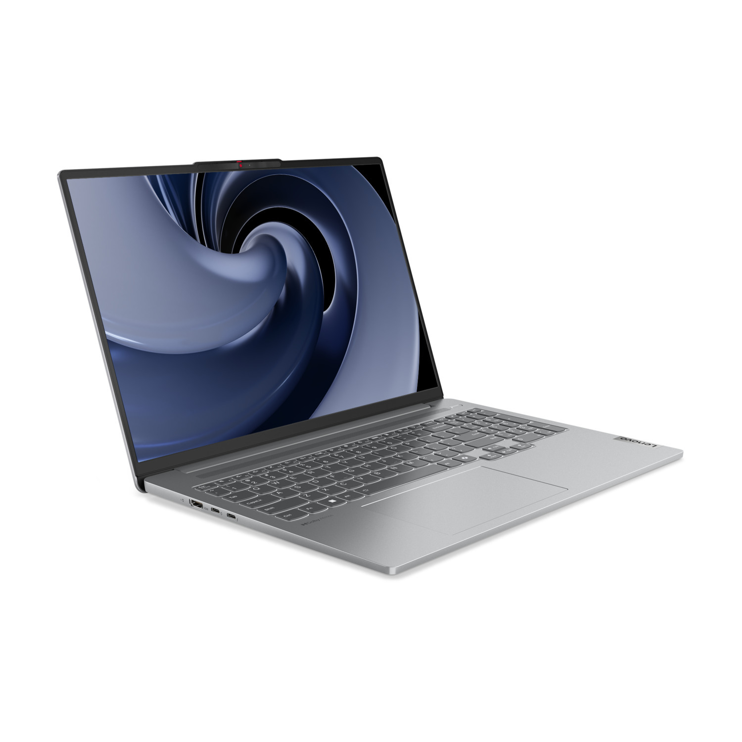 Ordinateur portable argenté sur une surface blanche. L'écran est ouvert, affichant un motif abstrait flou bleu et gris.