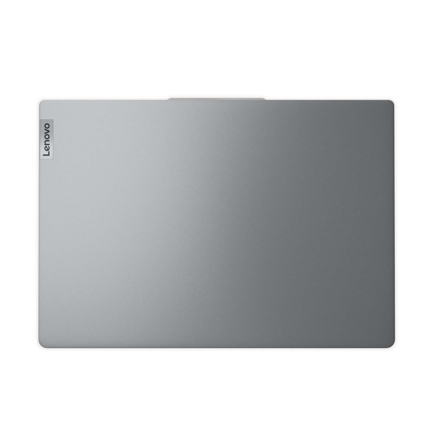 Ordinateur portable argenté avec le logo Lenovo centré en haut, sur fond blanc.