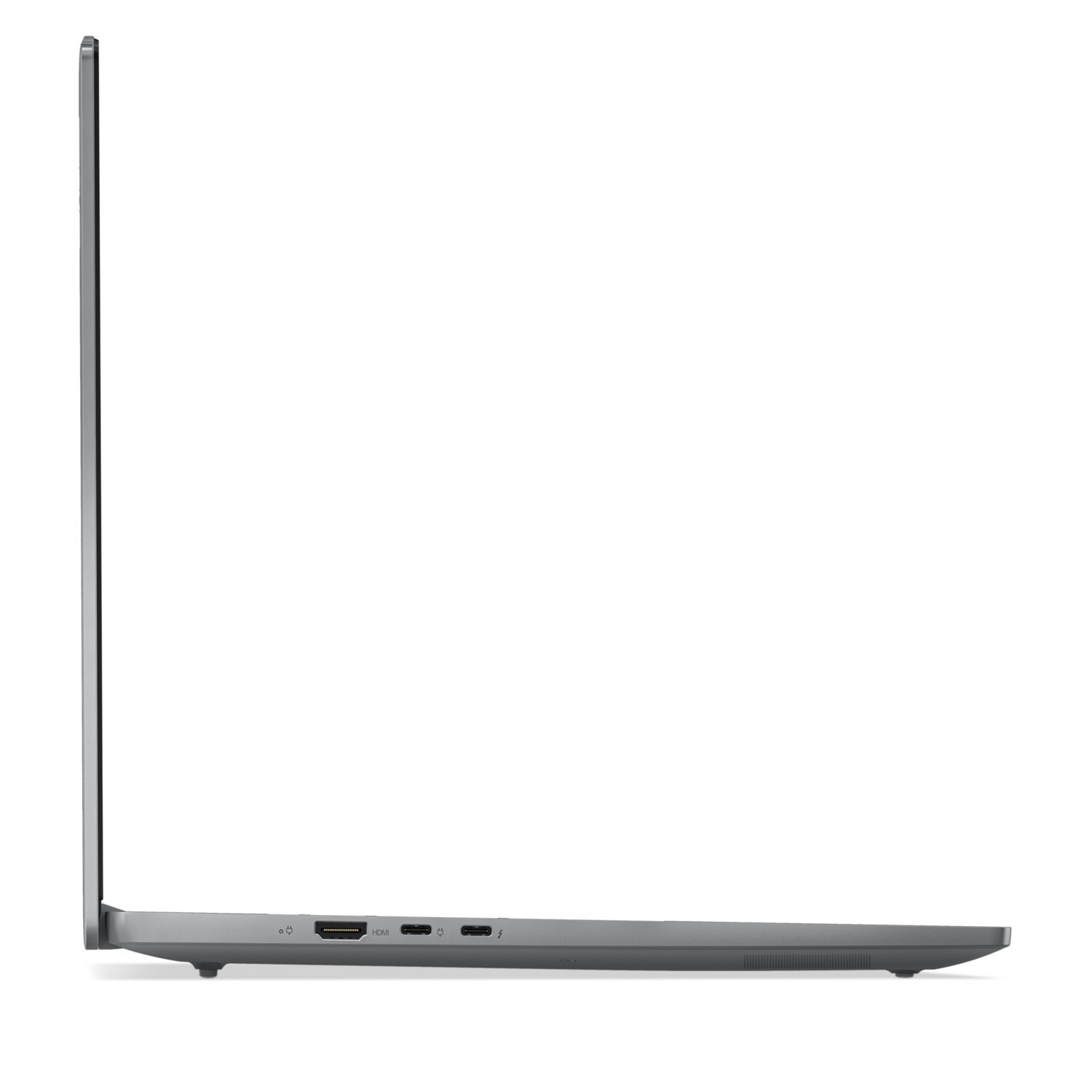 Vue latérale d'un ordinateur portable gris. Montre les ports sur le côté, dont HDMI.