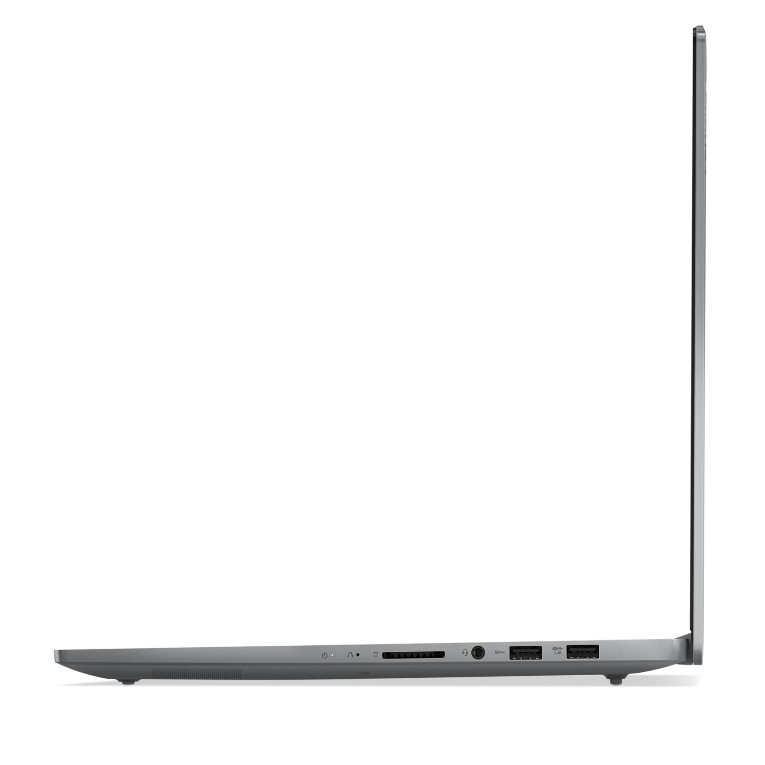 Un ordinateur portable gris de côté avec des ports visibles.