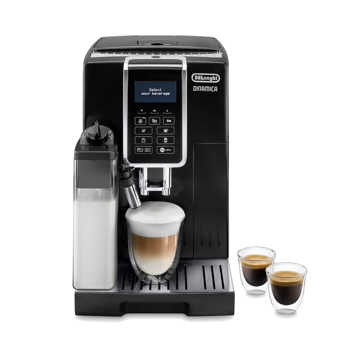 Czarny ekspres do kawy De'Longhi z pojemnikiem na mleko, szklanką latte i dwoma espresso.