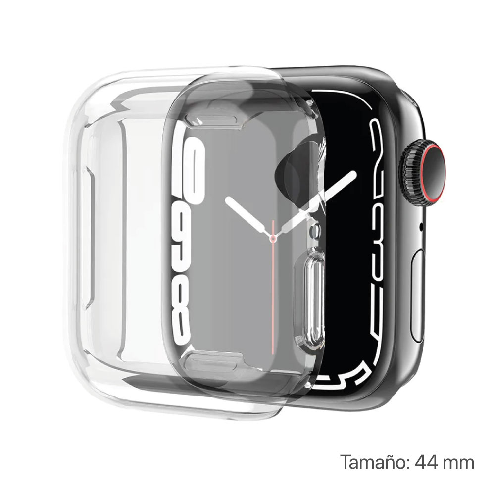 Un smartwatch con una funda protectora transparente, con la medida 44 mm escrita abajo.
