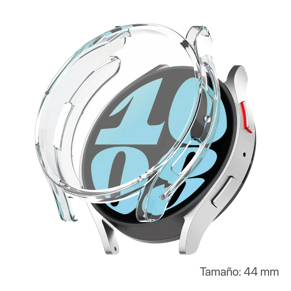 Funda protectora transparente en un smartwatch con pantalla azul.