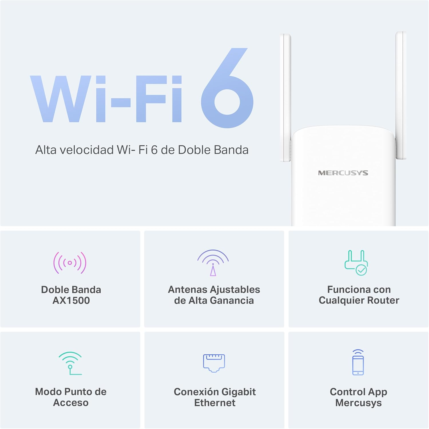 Un router Mercusys Wi-Fi 6 blanco con dos antenas e iconos que muestran funciones como doble banda.