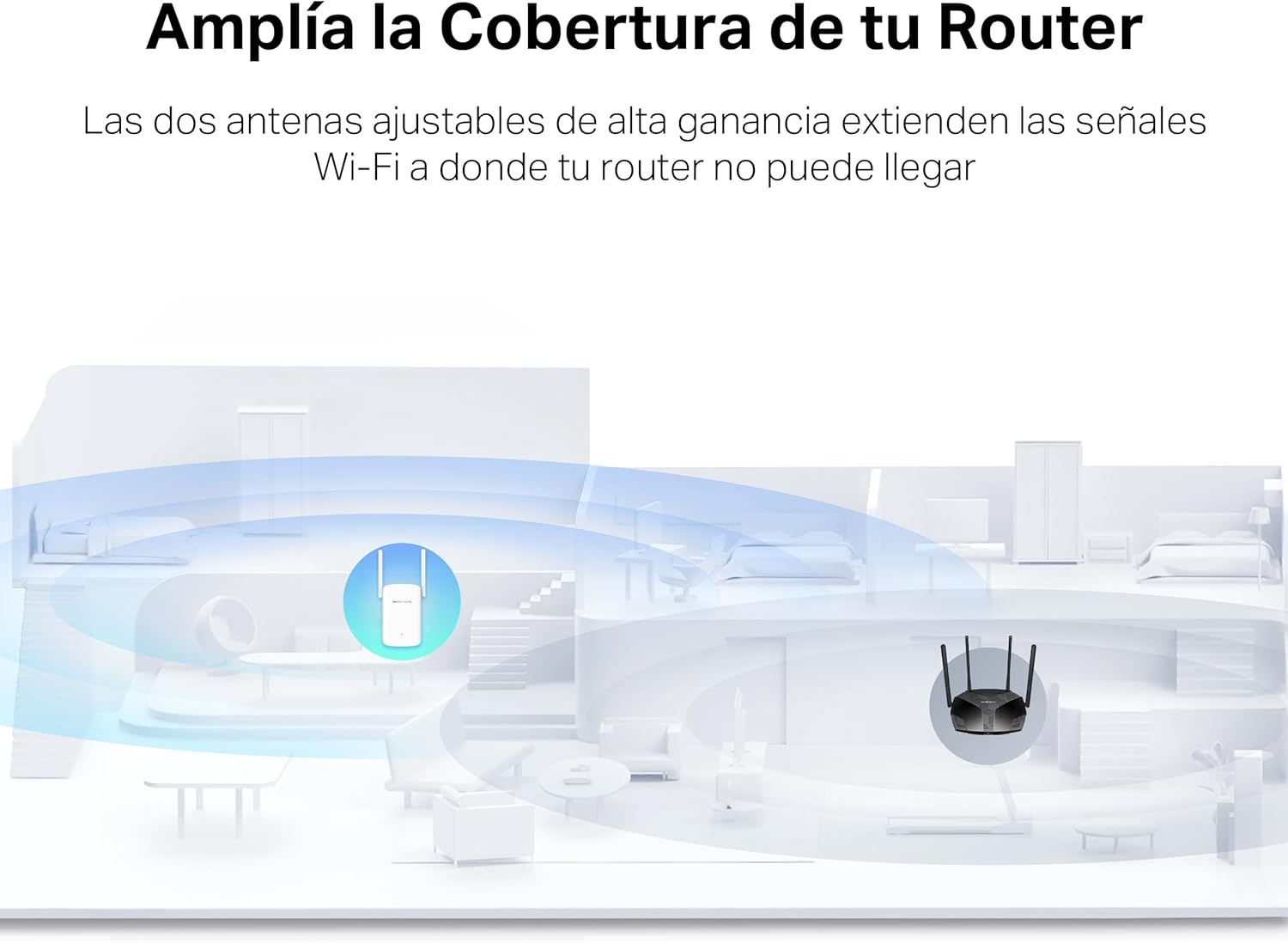 Un diagrama que muestra un enrutador y un extensor Wi-Fi, con texto en español: Amplía la Cobertura de tu Router.