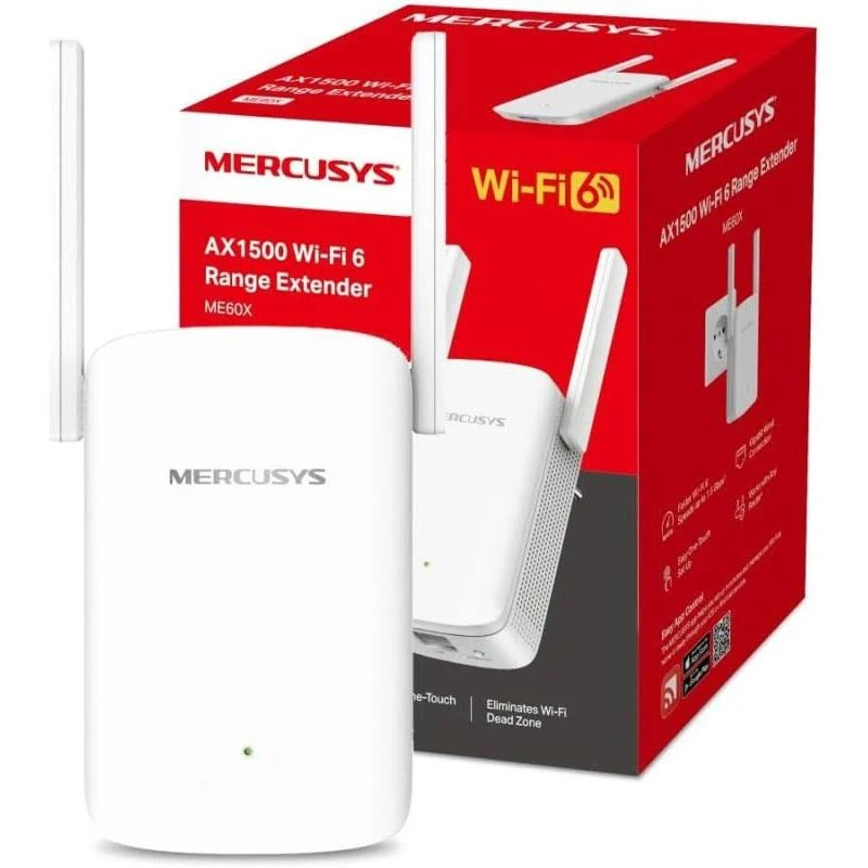 Extensor de rango Wi-Fi blanco con antenas y una caja roja en el fondo con texto.