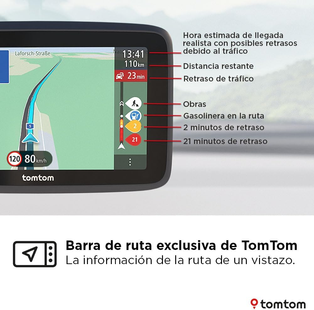 Una pantalla de dispositivo de navegación con información de ruta en español.