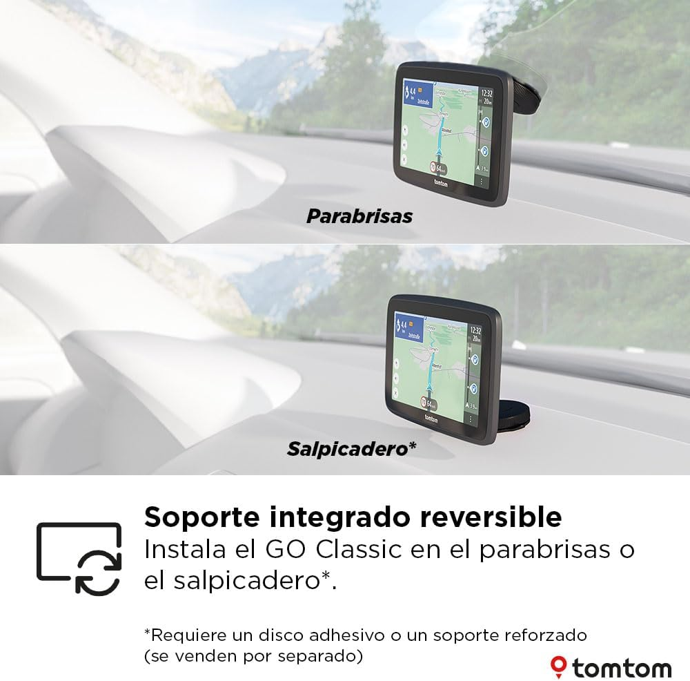 Dos imágenes, dispositivo GPS en parabrisas y salpicadero. Texto en español, características y logo.