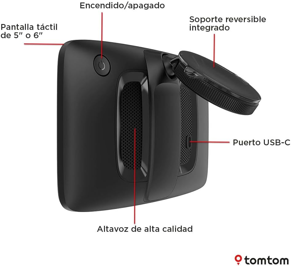 Dispositivo GPS negro con pantalla táctil, botón de encendido y soporte reversible. Etiquetas en español.