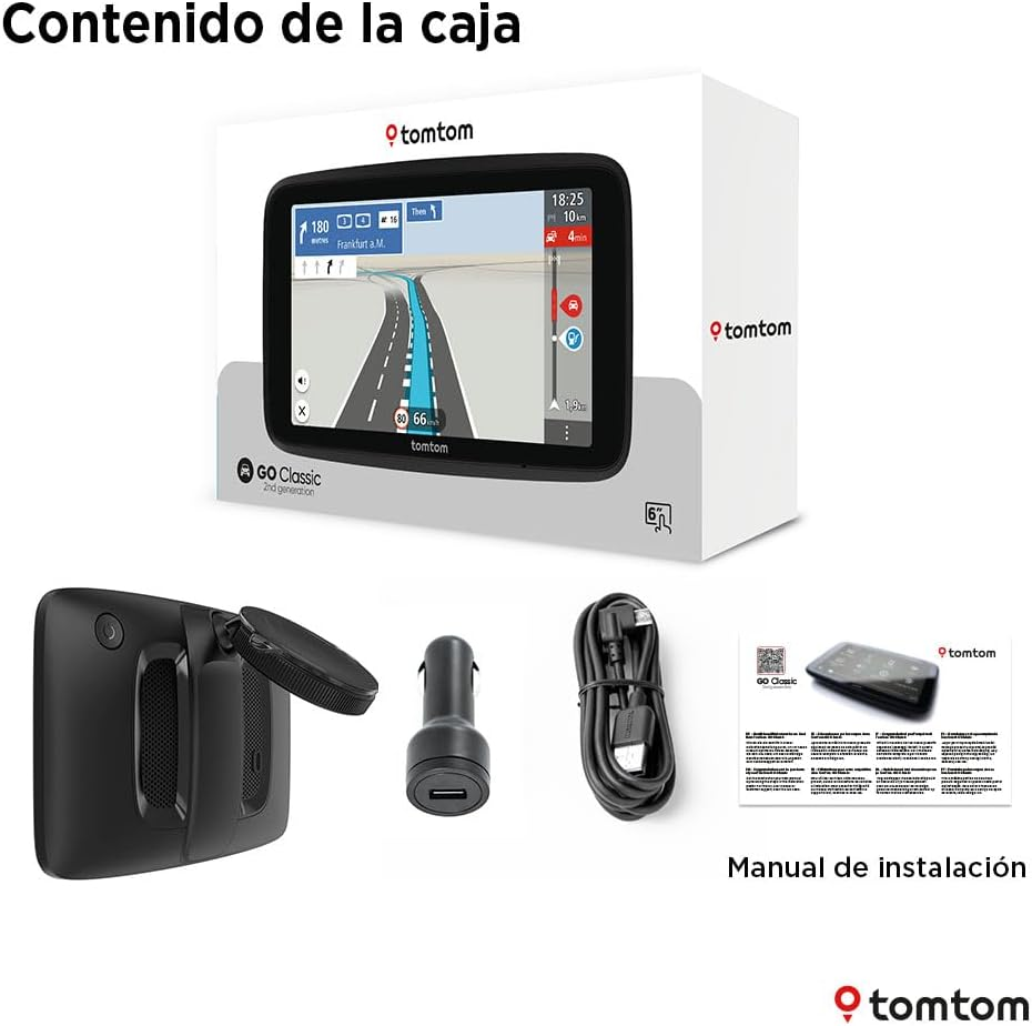 Contenido de la caja GPS TomTom: dispositivo GPS, cargador de coche, cable USB y manual de instalación.