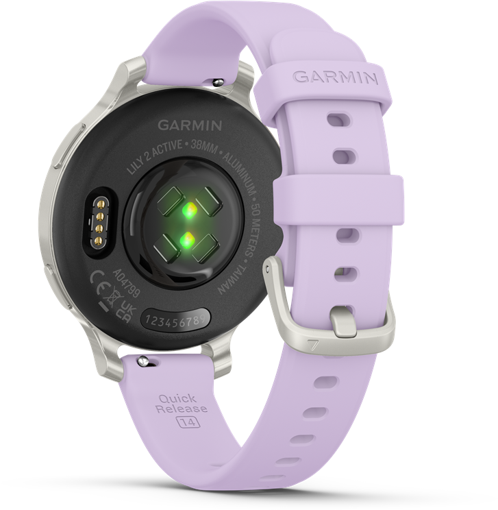 A Garmin okosóra hátulnézete levendula színű szíjjal. Láthatók az óra hátulja, az érzékelőkkel.