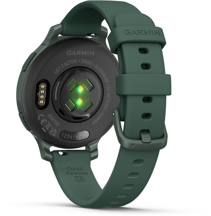Zöld Garmin óra hátulról, zöld szíjjal, látható pulzusmérővel.