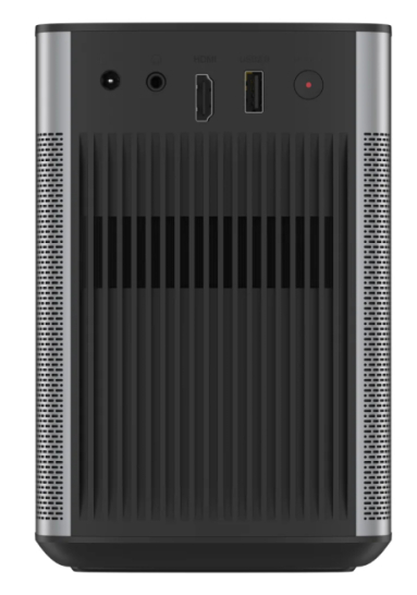 Czarny projektor ze srebrnymi akcentami, z portami z tyłu.