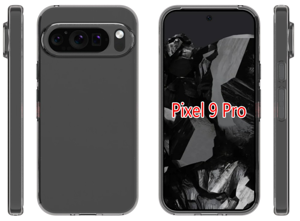 Telefontok három lencsével és egy fekete absztrakt képet mutató képernyővel. Szöveg: Pixel 9 Pro.