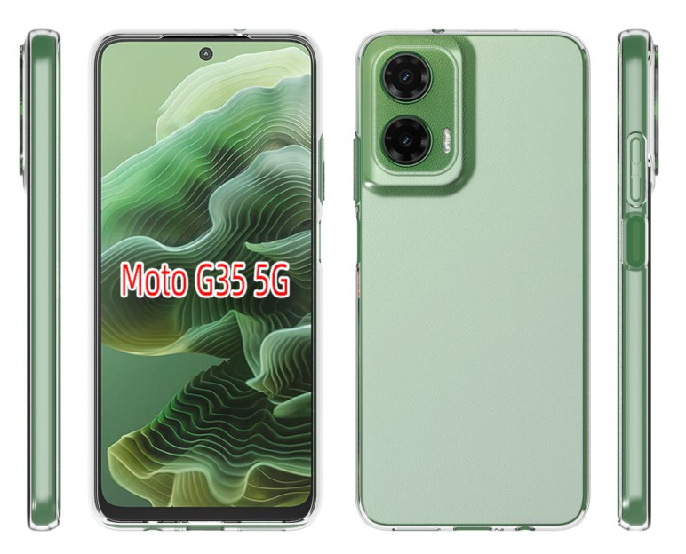 Moto G35 5G telefon, zöld tok, különböző szögekből. A telefon zöld hátlappal rendelkezik.