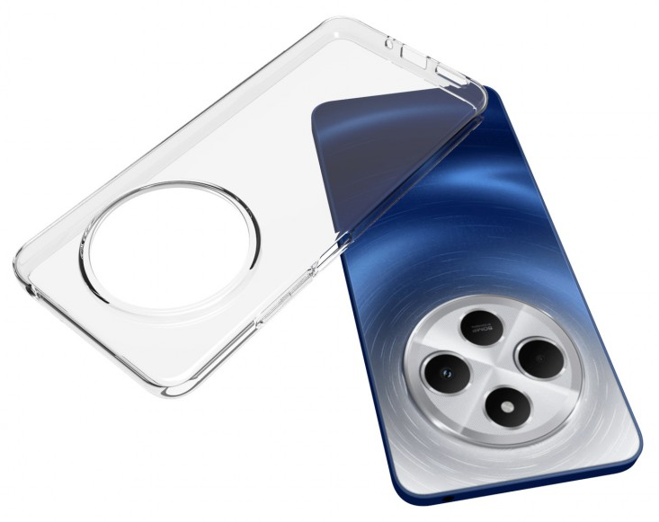 Kék telefon átlátszó tokkal. A telefonnak három lencsés kamera modulja van.