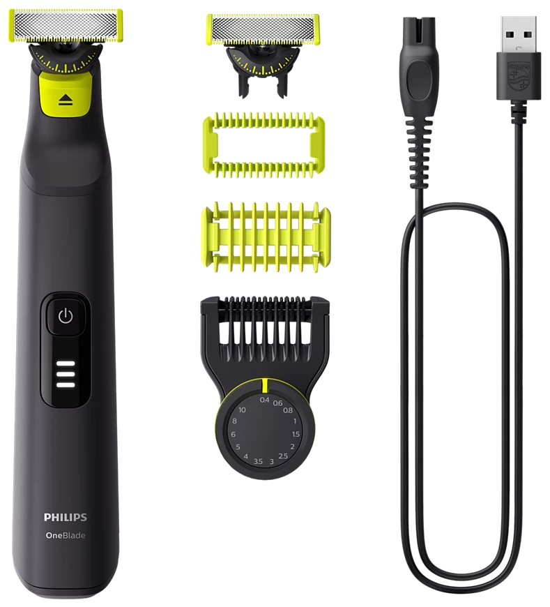 Czarny i limonkowy Philips OneBlade, z nasadkami i kablem ładującym.
