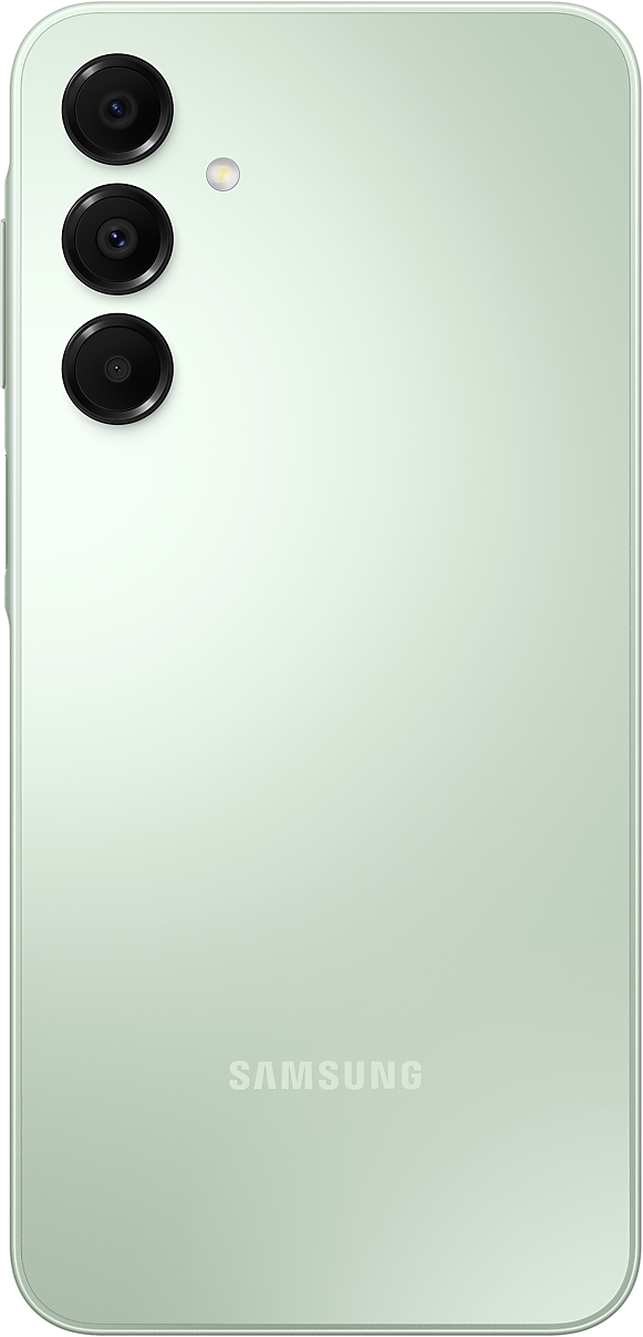 Mentazöld telefon három kamera lencsével. A telefon fehér háttéren van.