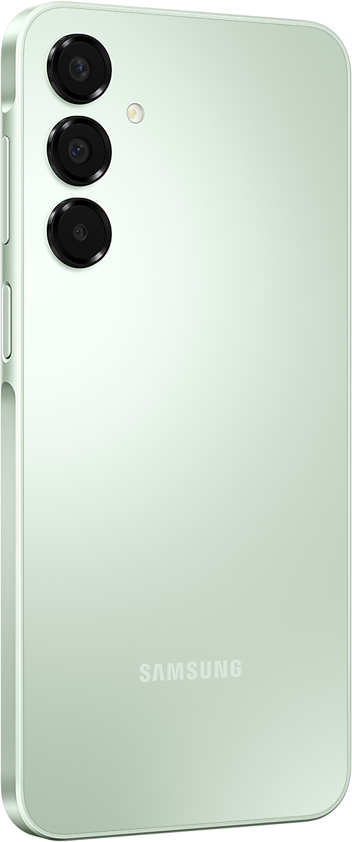 Világoszöld Samsung okostelefon, hátulnézet, tripla kamerával és Samsung logóval.