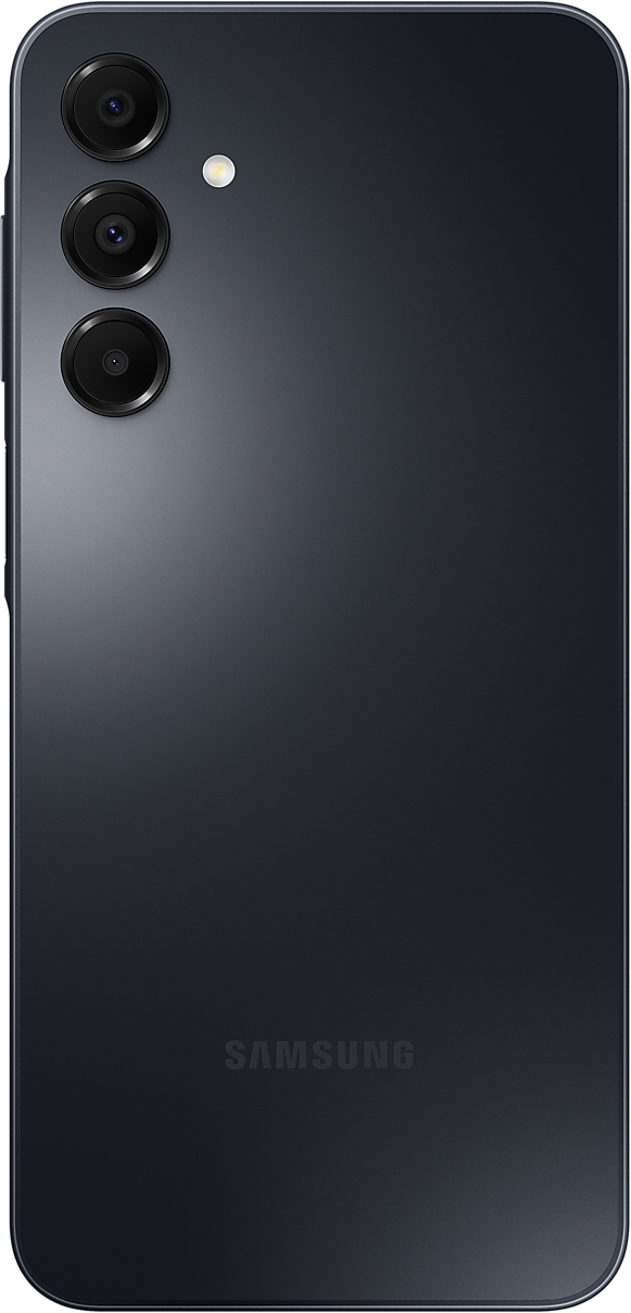 Fekete Samsung telefon hátlapja három kamerával és Samsung logóval.