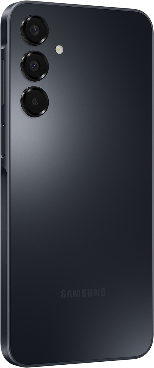Sötétkék telefon, hátulnézet. Kamerarendszerrel és SAMSUNG márkajelzéssel rendelkezik.