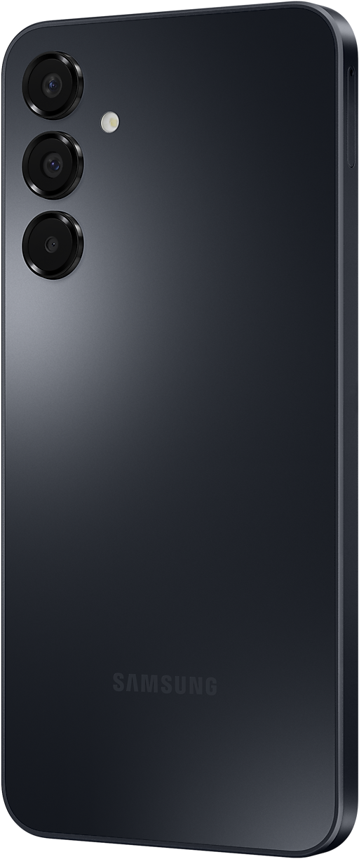 Sötétkék Samsung telefon, ferde nézet. 3 hátsó kamera, Samsung logó.