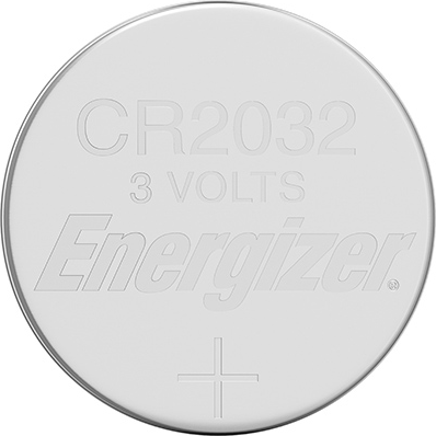 Eine CR2032 Energizer-Batterie, silberfarben mit schwarzem Text und Pluszeichen.