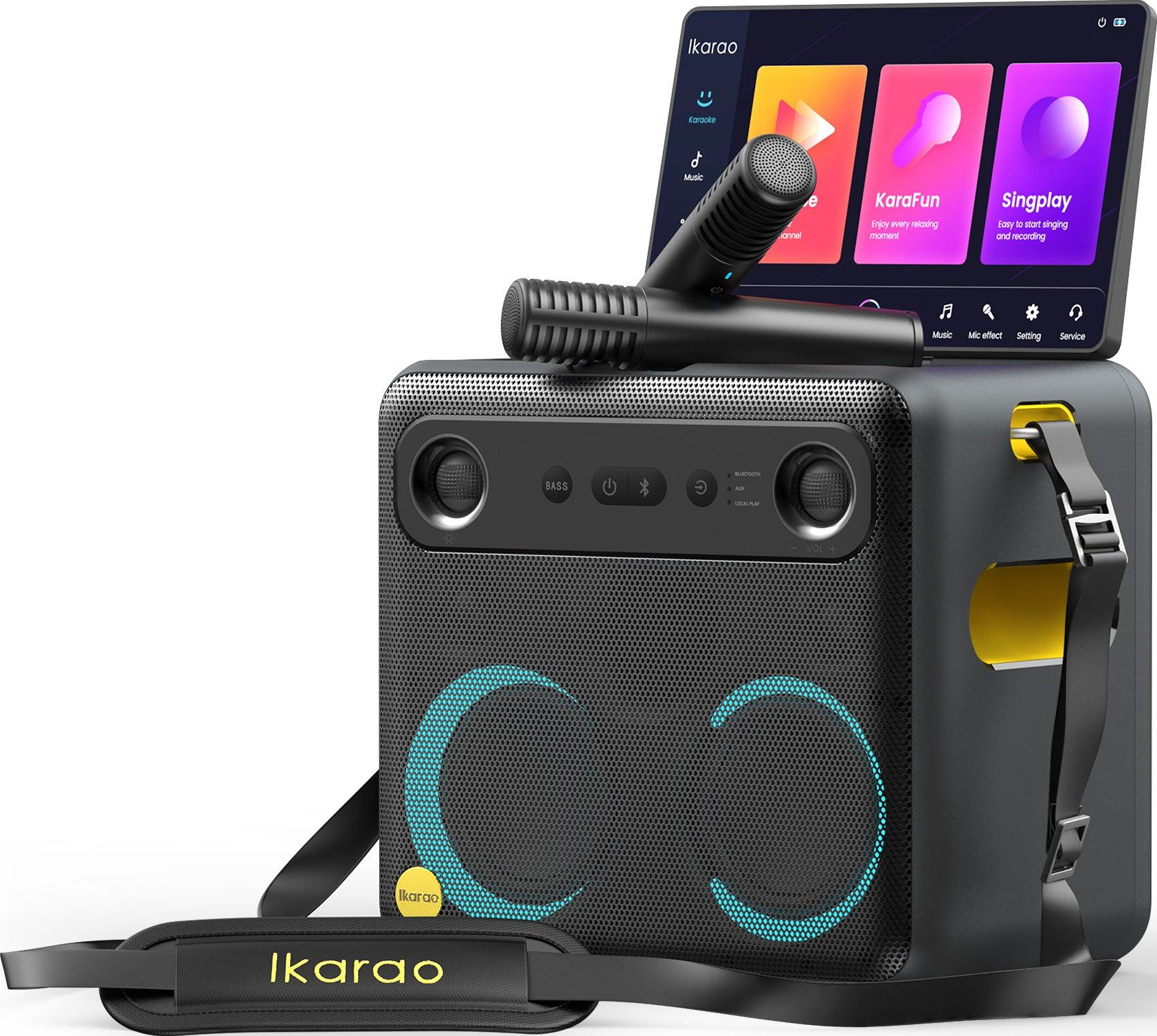 Karaoke-Maschine mit Bildschirm, Mikrofon und Gurt.