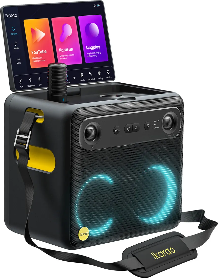 Eine schwarze Karaoke-Maschine mit Bildschirm, Mikrofon und bunten Lichtern.