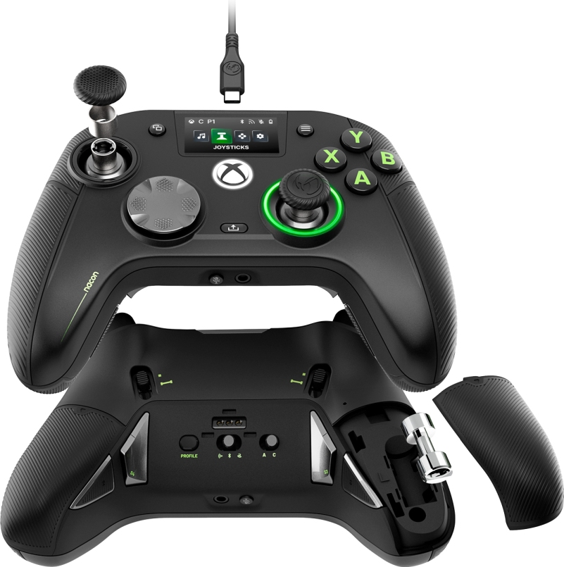 Schwarzer Gaming-Controller mit grünen Akzenten, Knöpfen und einem abnehmbaren Unterteil.