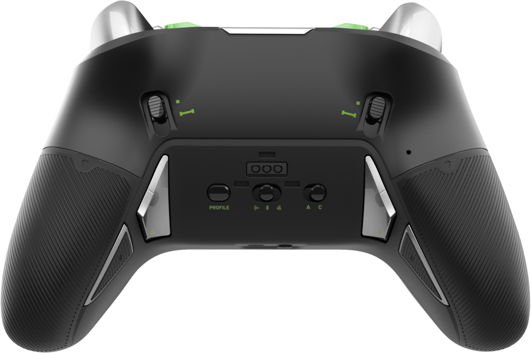 Schwarzer Gamecontroller mit grünen Akzenten. Tasten, Auslöser und Profileinstellungen sind sichtbar.