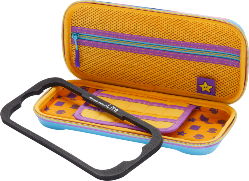 Egy nyitott Nintendo Switch Lite tok, narancs és kék, játéktárolóval és kerettel.