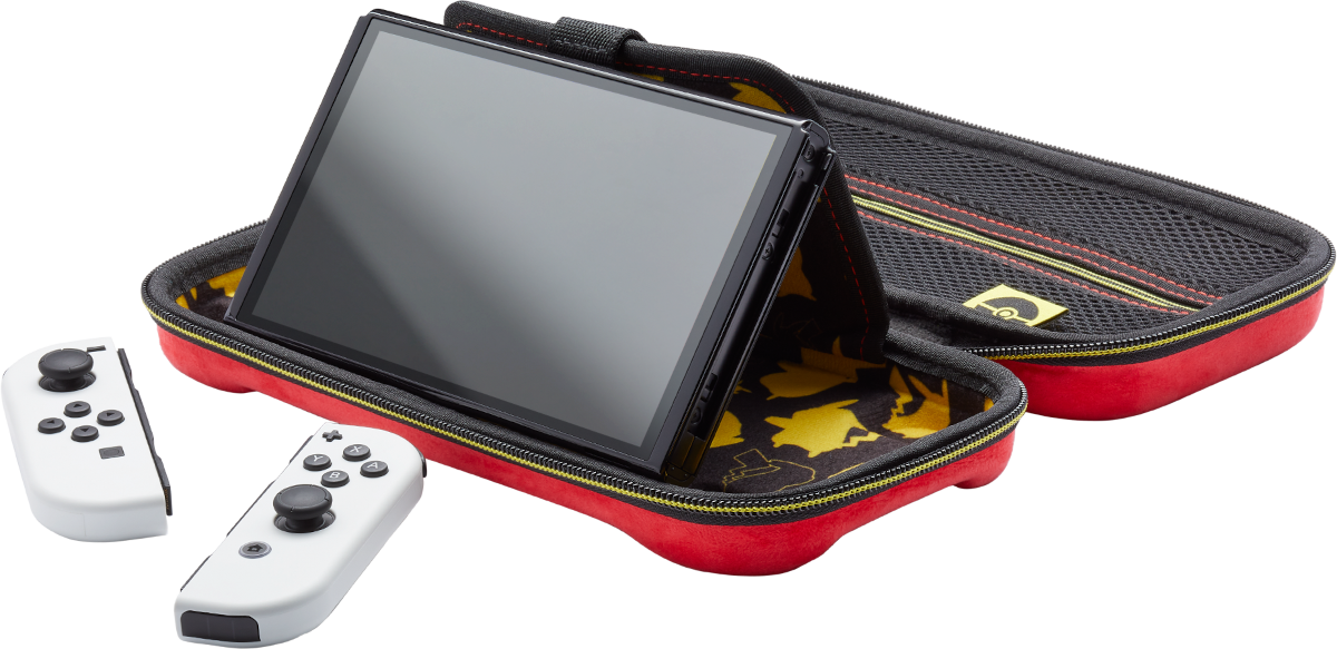 Nintendo Switch joy-consokkal egy piros tokban. A tok nyitva, a Switch és a joy-consok láthatók.